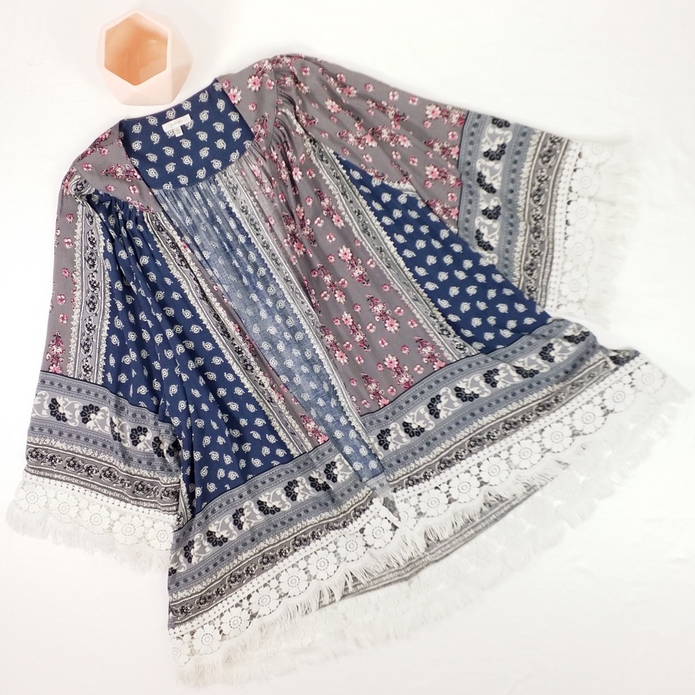JODIFL Boho Blue Grey Fringe Kimono Size Large